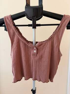 American Eagle Mauve Pointelle Henley Cropped Tank Top